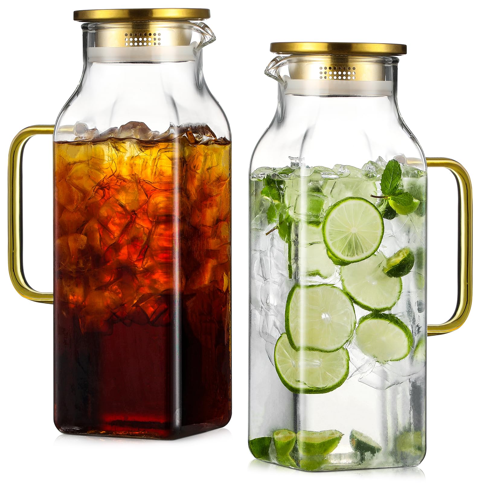 Photo 1 of 2 Pack 2 Liters/68 oz Square Glass Pitcher with Lid and Handle for Fridge, Iced Tea and Coffee Carafe Beverage Serveware, Heat Resistant Borosilicate Water Gold Jug for Hot/Cold Drinks and Milk