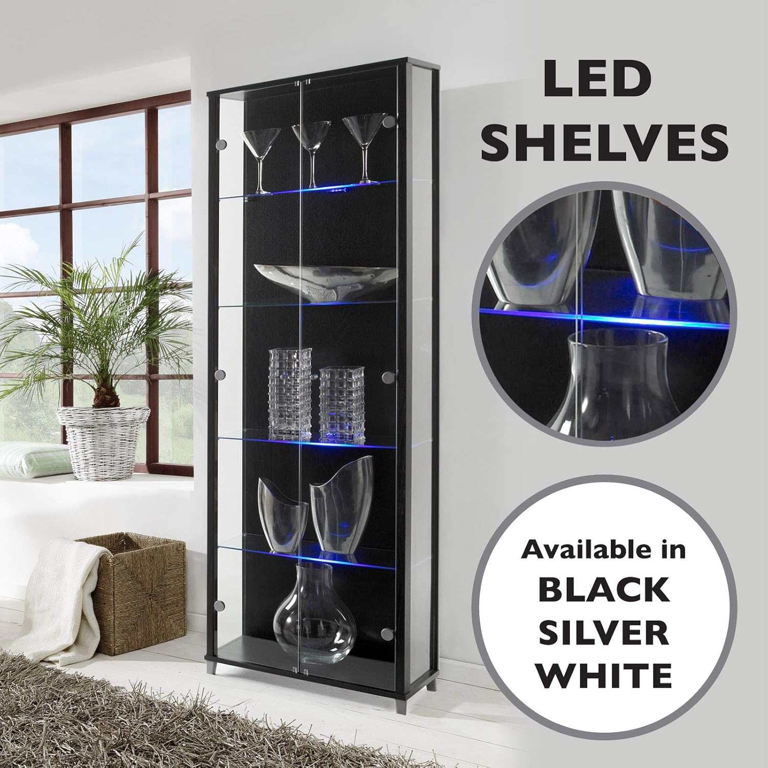 HOME LED Shelf Lit Double Glass Display Black with 4 Glass
