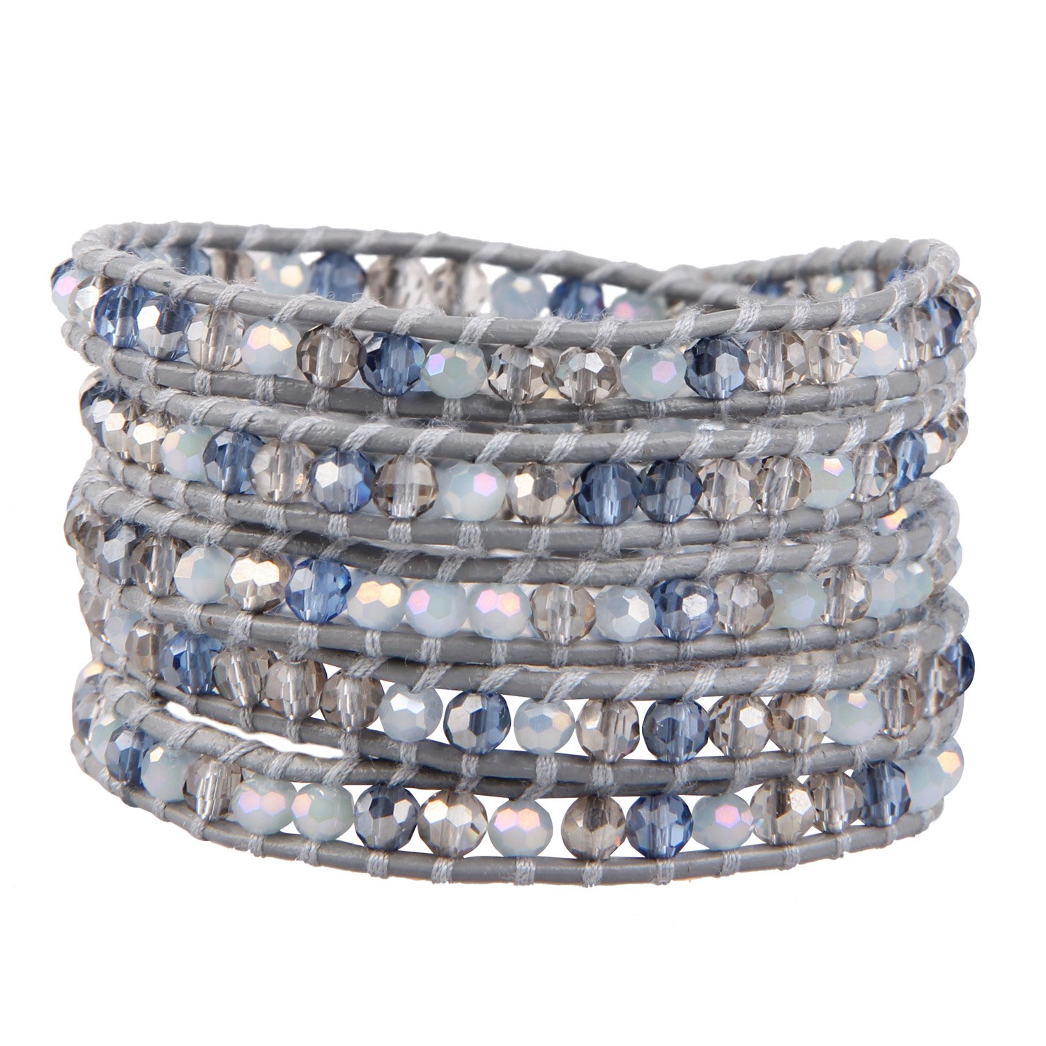 KELITCH Crystal 5 Wraps Bracelets Handmade Leather Beaded Bracelets Multi Strands Bracelets Bangles (Grey)