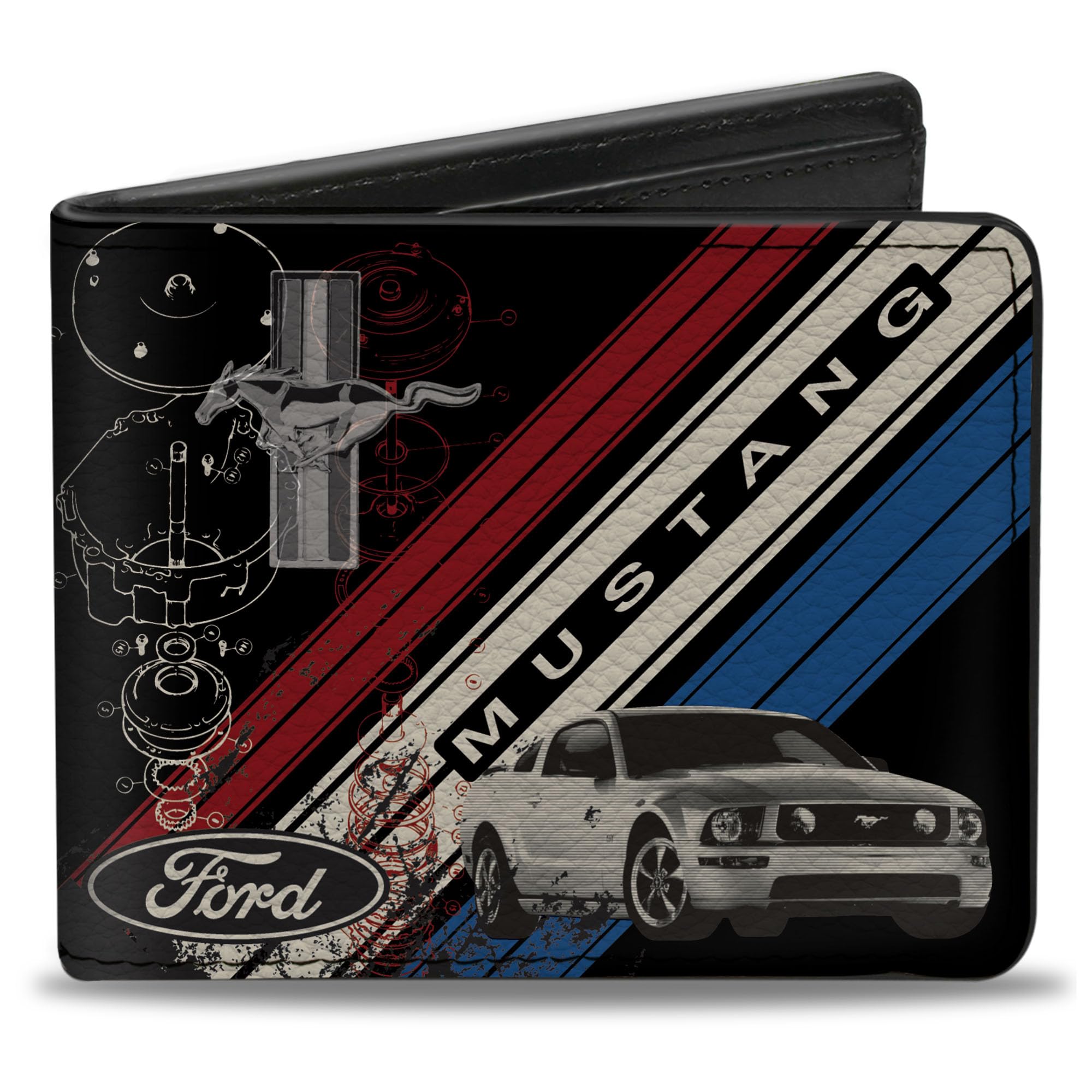 Buckle-Down Unisex's Wallet Mustang Tri-bar Logo/Diagonal Stripe/Blueprint Black/Bi-Fold, Multicolor, 4.0" x 3.5", Bifold Wallet