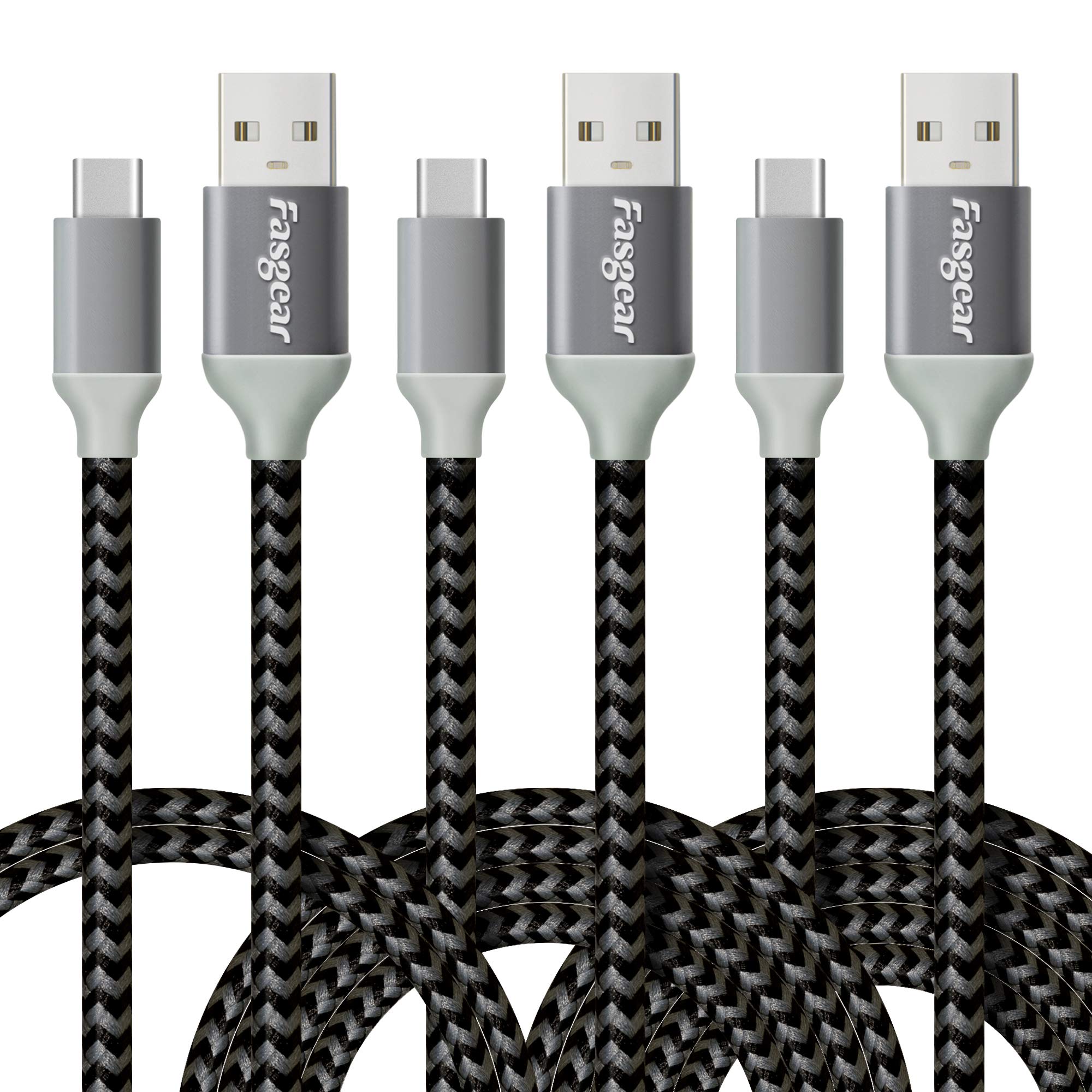 Fasgear 3 Pack [3ft+6ft+10ft] Nylon Braided Durable USB Type C Charging Cable Compatible with Galaxy S10/S9/S8+, Pixel 2 XL,Oneplus 5T, Mac-Book, i-Pad Pro 2018,Huawei P30,Xperia XZ,HTC 10 etc(Black)