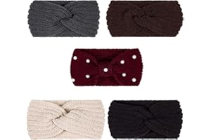 Whaline 5 Pieces Winter Knit Headbands Chunky Knit Headbands,4 Elastic Turban Head Wraps and 1 Pearl Crochet Hair Band, Ear Warmer Crochet Head Wraps for Women Girls (Autumn&Winter Colors)