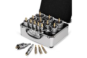 GSTK Upgrade Heavy Duty Carbide Hole Saw 14 Pcs,Metal Steel Hole Saw Drill Bit,TCT Hole Cutter,Alloy Hardness Upgrade, with 2*Extra Titanium Plated Pilot Center Drill and 2*L-Wrench