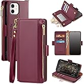 Antsturdy Compatible with iPhone 12 Wallet Case,RFID Blocking PU Leather Phone Case Women Men Kickstand Flip Cover Wrist Strap Zipper Credit Card Holder Slots,for Apple 12 Pro 6.1",Wine Red