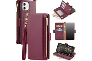 Antsturdy Compatible with iPhone 12 Wallet Case,RFID Blocking PU Leather Phone Case Women Men Kickstand Flip Cover Wrist Strap Zipper Credit Card Holder Slots,for Apple 12 Pro 6.1",Wine Red