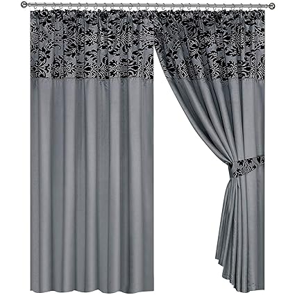 Half Flock With Plain Design Ready Made Pencil Pleat Curtains