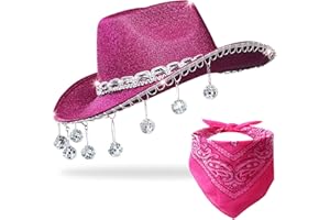 JIANGLAI Pink Disco Cowgirl Hat with Bandana,Glitter Rhinestone Disco Ball Cowboy Hat for Women Men Costume Cosplay