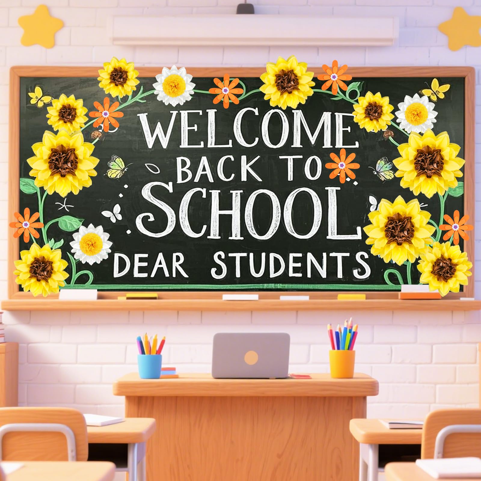 Photo 1 of VAIPI Sunflower Bulletin Board Decorations 3D Fiesta Tissue Paper Flowers Décor for Wall DIY Paper Pom Poms Décor for Classroom School Home Office Wall Décor, 18 Pack