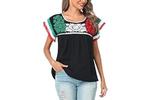 YZXDORWJ Women Mexican Embroidered Lace Traditional Colorful Blouse Tricolor Top Mexican Independence Day Shirt