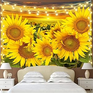 Sunflowers Wall Tapestry, Sunflower Field in The Sunset Tapestry Wall Hanging Yellow Floral Tapestry for Bedroom Living Room Dorm（59" x 78.7"）