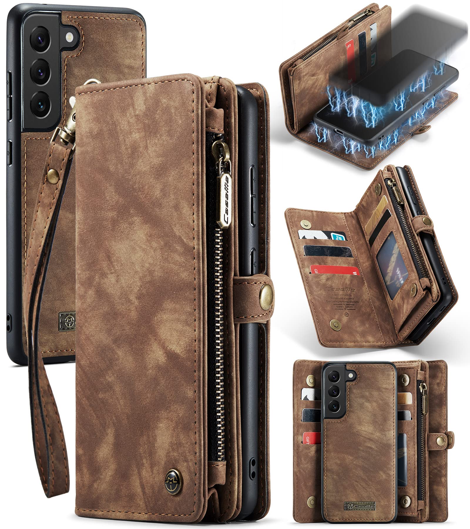 UFinetech Detachable Samsung Galaxy S21 Plus Case Wallet Magnetic Flip Design TPU Leather Card Holder Slot Zipper Stylish Luxury 2-in-1 Cover Purse Holster for Samsung Galaxy S21+ 5G 2021 Brown