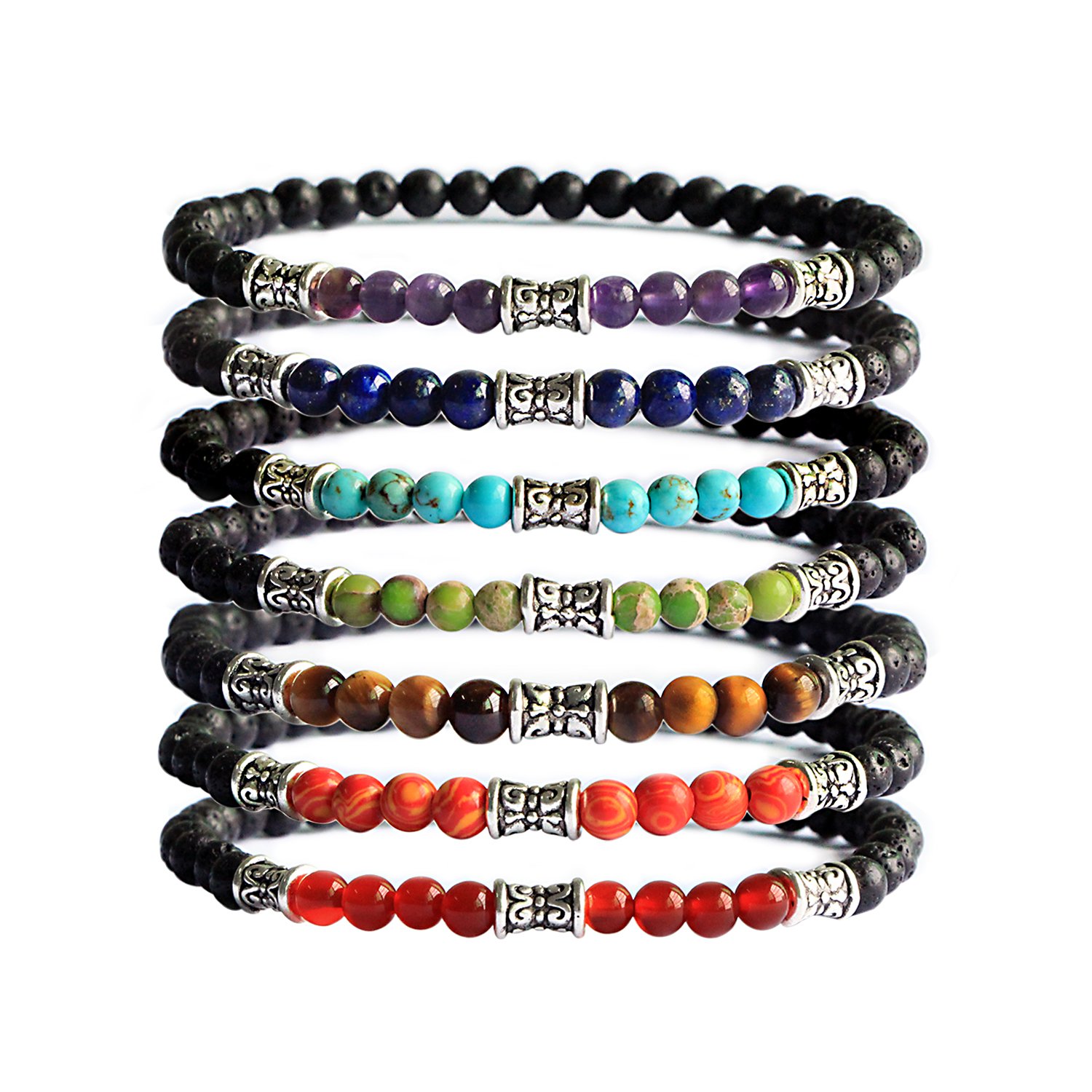 Me&Hz 7 Pairs Reiki Chakra Stretch Bracelet Set Solar System Adjustable Bracelet 4mm Oil Bead Prayer Diffuser Bracelet Healing Crystals Bracelet