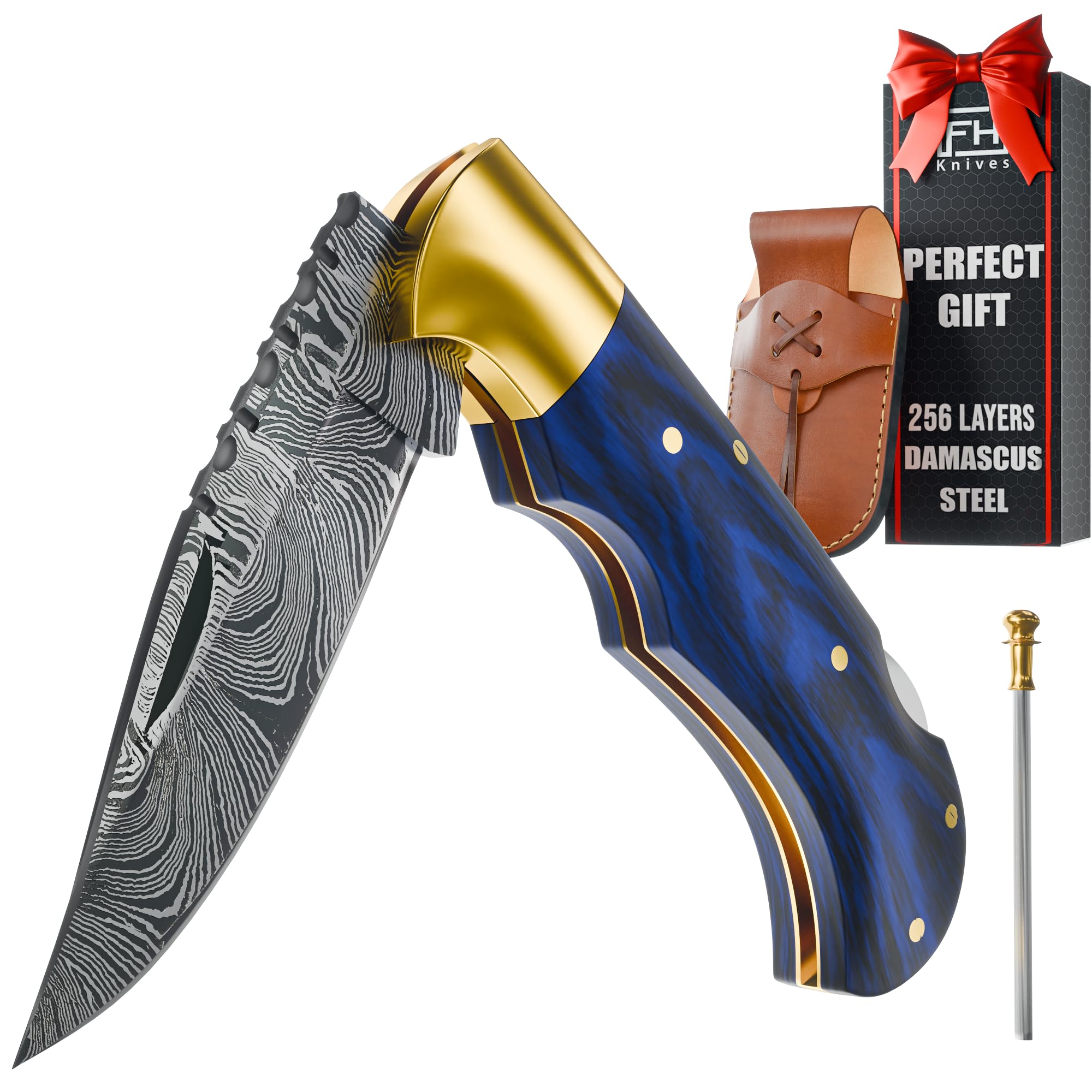 Photo 1 of 6.5 Inch Handmade Damascus Pocket Knife for Men - Damascus Steel Folding Knife with Sheath - Back Lock Pocket Knives for Men Christmas Gift for husband, boyfriend, Dad, brother