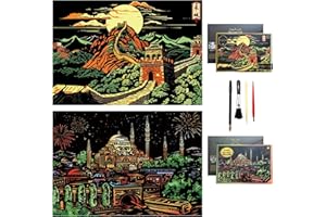 PAITUEND Scratch Art for Adults & Kids-Scratch Painting Craft Kit (16x11 in)|Foil Engraving Art Set|Stress Relief Gift for Travel Lovers,Craft Lovers|Creative Scratch Art Home Decor(Great Wall&Blue Mosque)