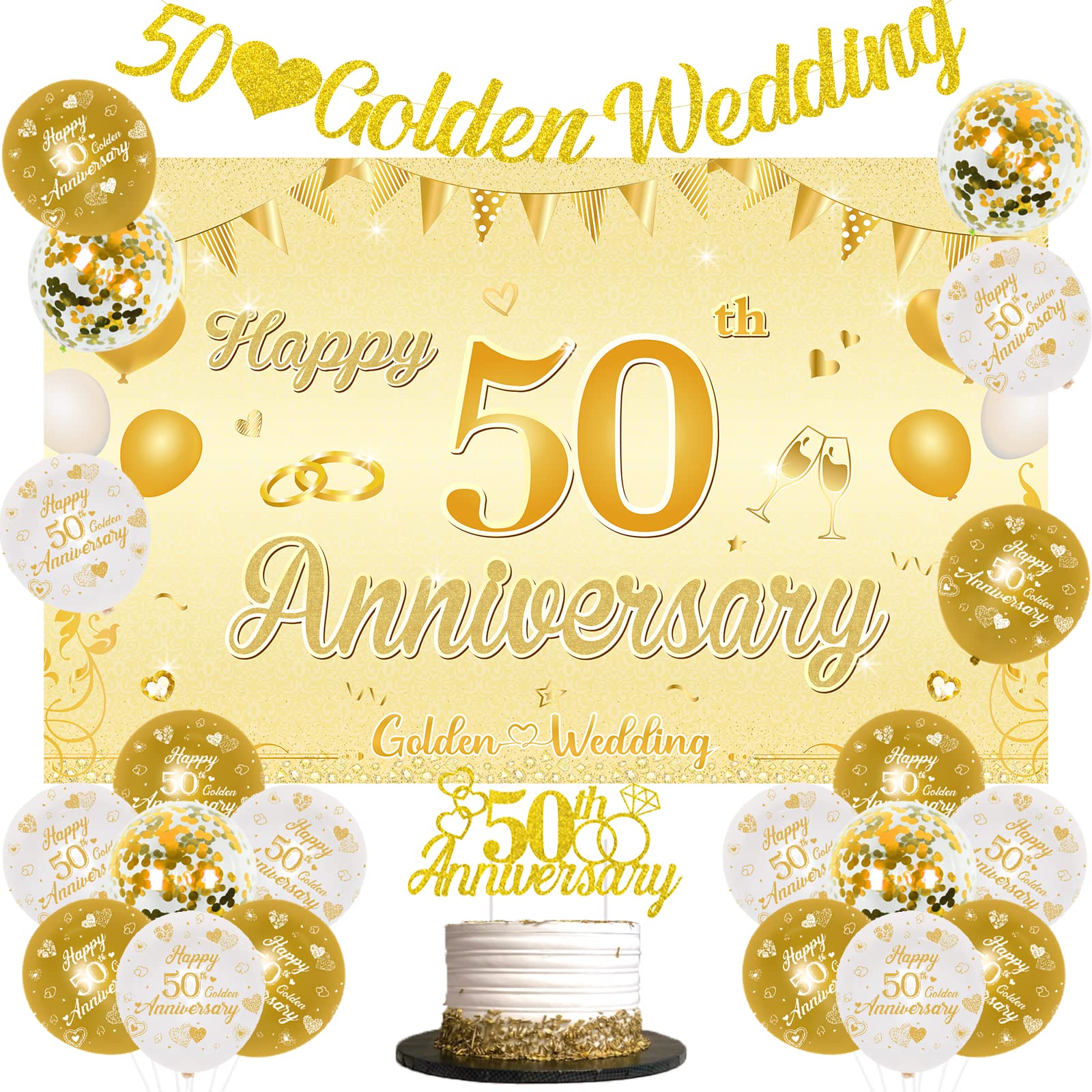 Sursurprise 50th Wedding Anniversary Decorations - Golden Backdrop Banner, Cake Topper, White Gold Balloons, 50 Year Party Supplies