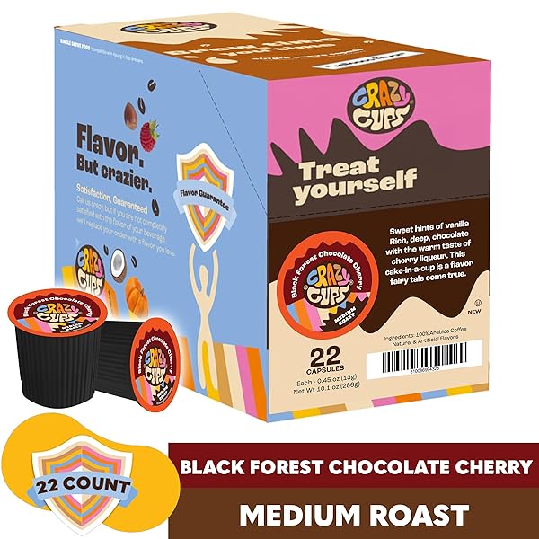 CRAZY CUPS BLACK FOREST CHOCOLATE CHERRY COFFEE PODS, FLAVORED COFFEE PODS IN SINGLE SERVE CUPS COMPATIBLE WITH KEURIG K CUPS MACHINE(PACK OF 1, 22 COUNT TOTAL)