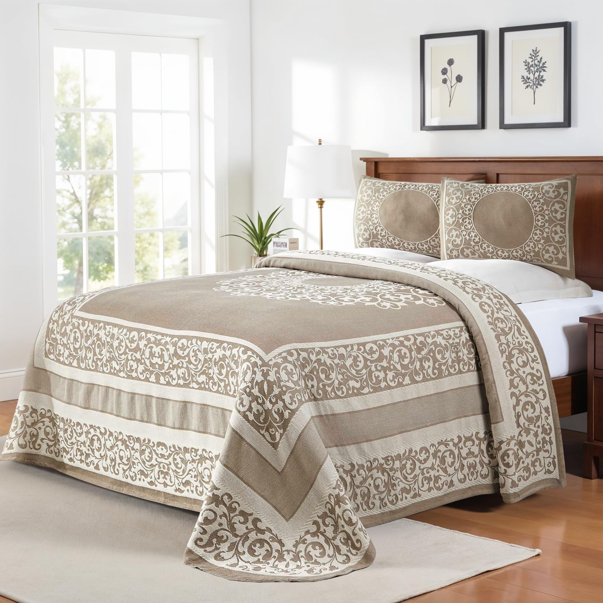 Photo 1 of SUPERIOR Cotton Blend Bedspread Set, Includes Oversized Bedspread and 2 Matching Pillow Shams, Light Weight Blanket, Bedding Decor, Jacquard Vintage Floral Mandala, Lyron Collection - Queen, Taupe
