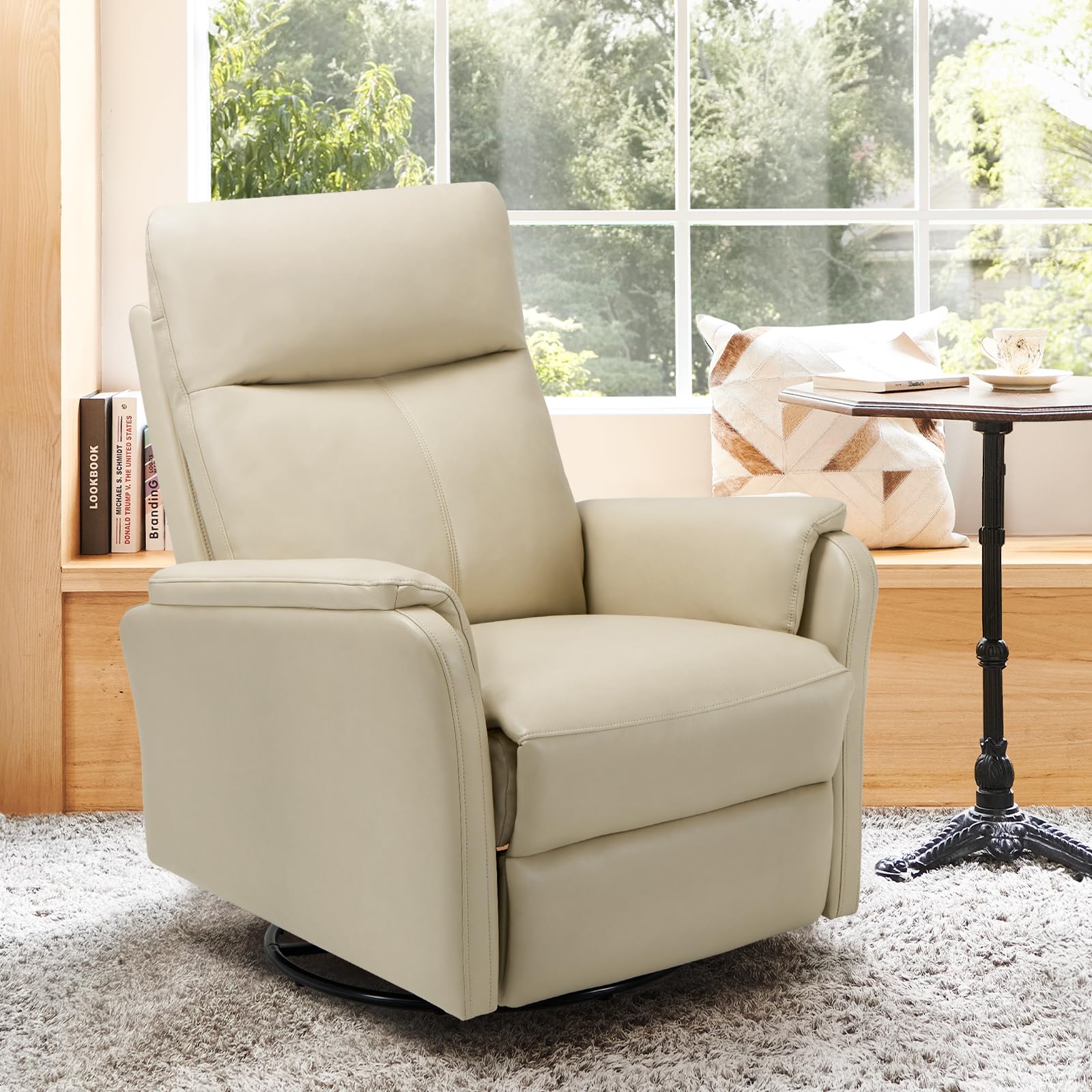 Photo 1 of **POSSIBLY FOR PARTS / BOX 1 OF 2/ ONLY HALF OF THE ASSEMBLY PIECES ACCOUNTED FOR** COLAMY Leather Recliner Chair with Swivel & Rocking Function, Modern Glider Reclining Chair with Footrest and Wide Seat Cushion, Comfortable Rocker Chair for Living Room, 