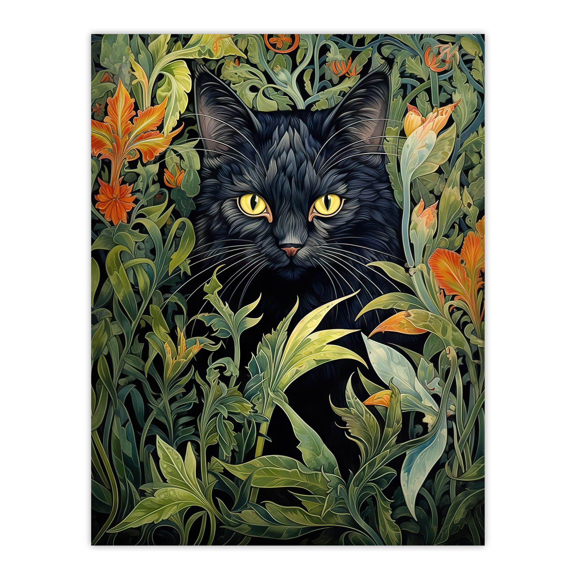 Artery8 Black Cat Hiding In Flower Field Modern William Morris Style Painting Orange Green Spring Bloom Animal Portrait Large Wall Art Poster Print Thick Paper 18X24 Inch