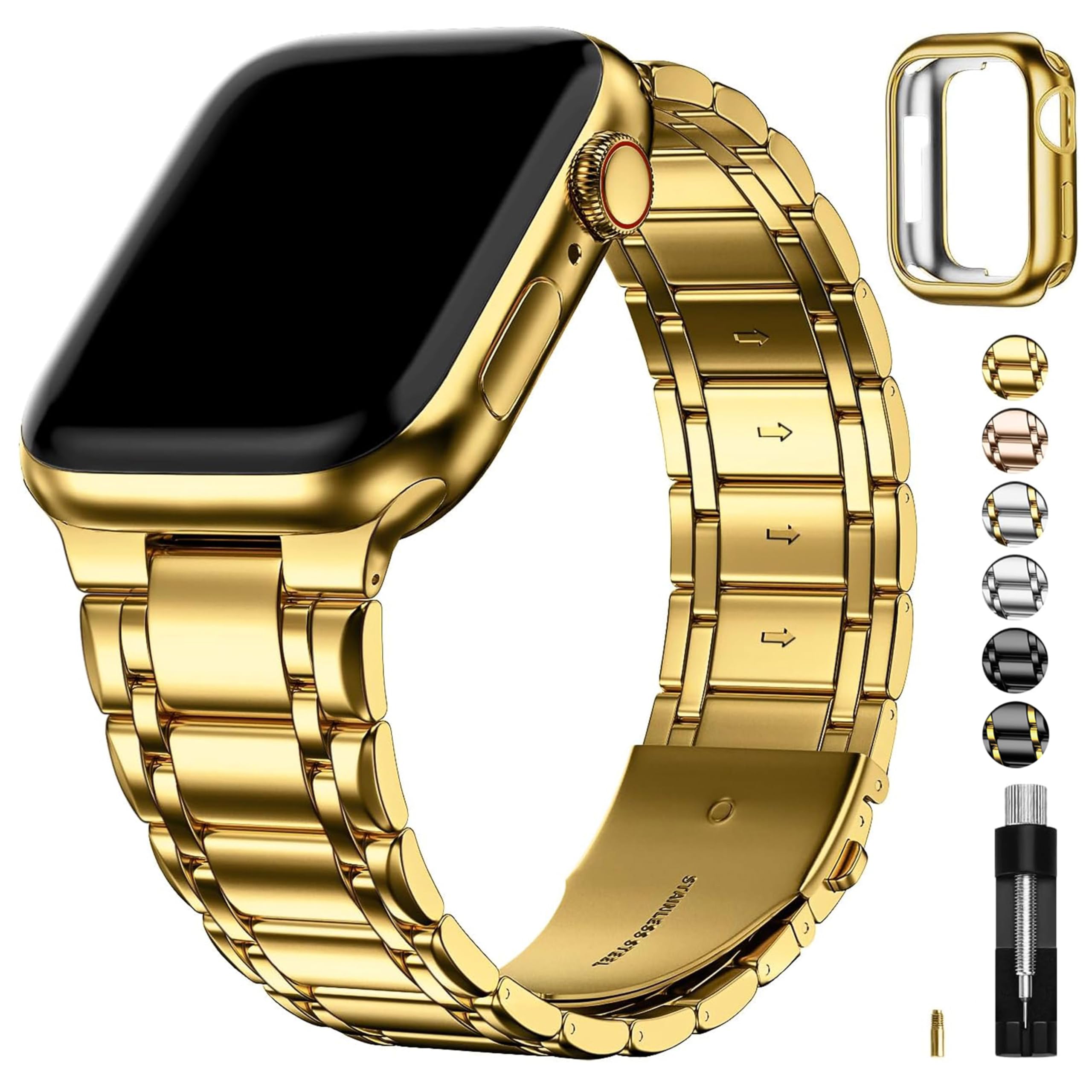 Fullmosa Compatible with Apple Watch Straps 41mm 40mm 38mm Stainless Steel Replacement iWatch Bands with TPU Protective Case for SE 3/2/1 Series 9 8 7 6 5 4 3 2 1, Gold — image 1