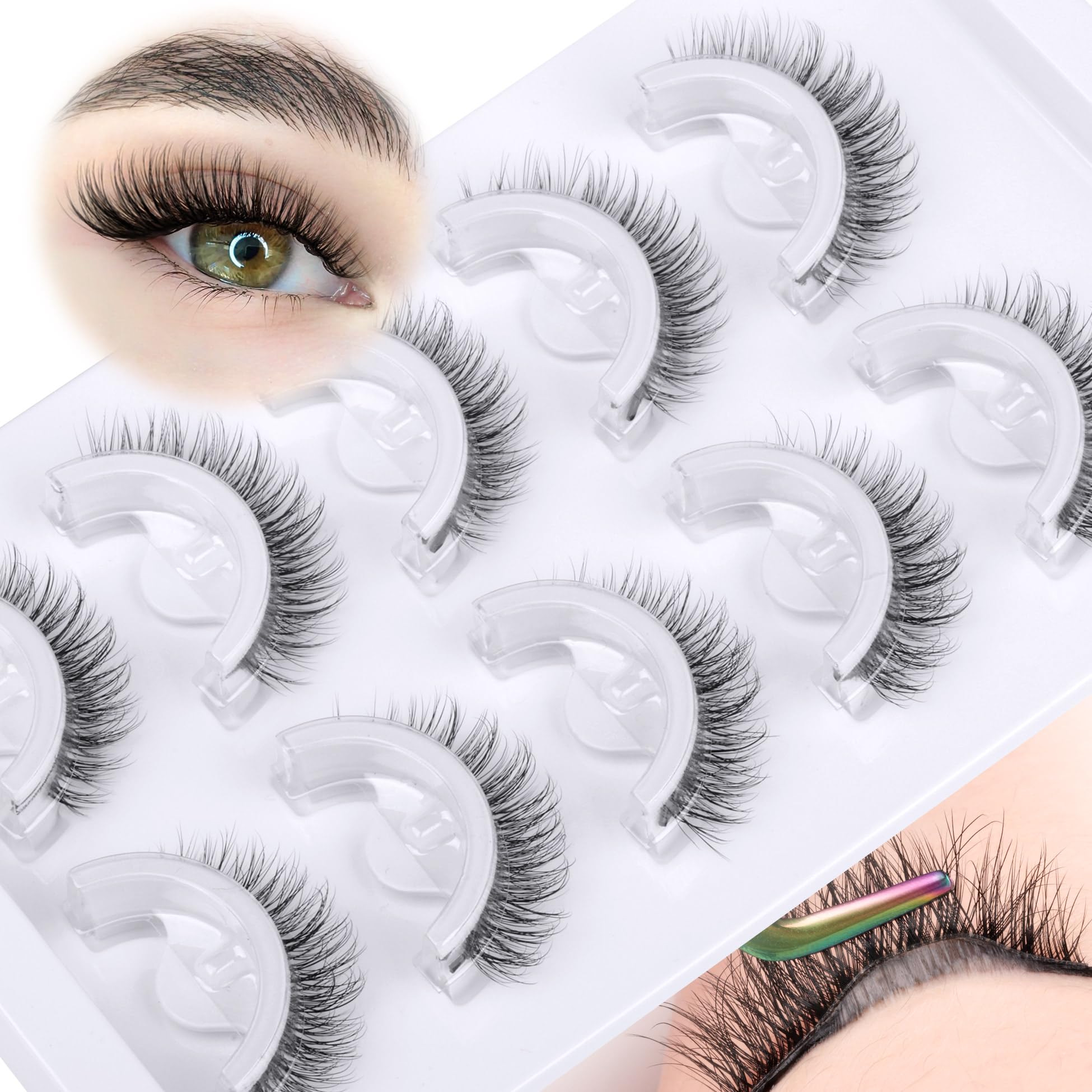 Photo 1 of Natural Self Adhesive Eyelashes Cat Eye Lashes Natural Look Wispy Self Adhesive Lashes Clear Band Reusable 8-10MM Short Pre Glued Lashes No Glued Needed Natural Stick On Lashes 5 Pairs by Zegaine