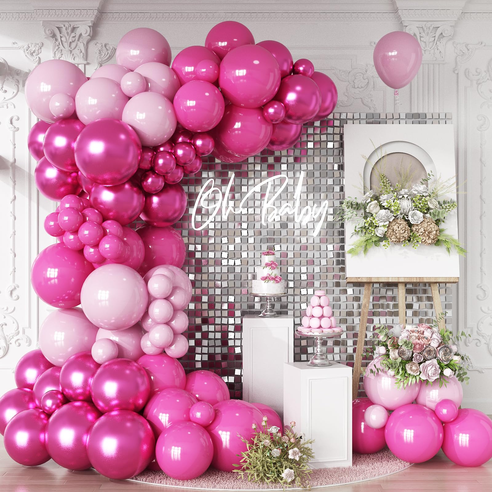 Photo 1 of HILAVO Balloon Arch Kit - Hot Pink, Baby Pink, Metallic Party Helium Balloons Garland With Pastel Light, Dark Magenta, Latex Balloons for Girls Wedding, Baby Shower, Princess Birthday Party Decor