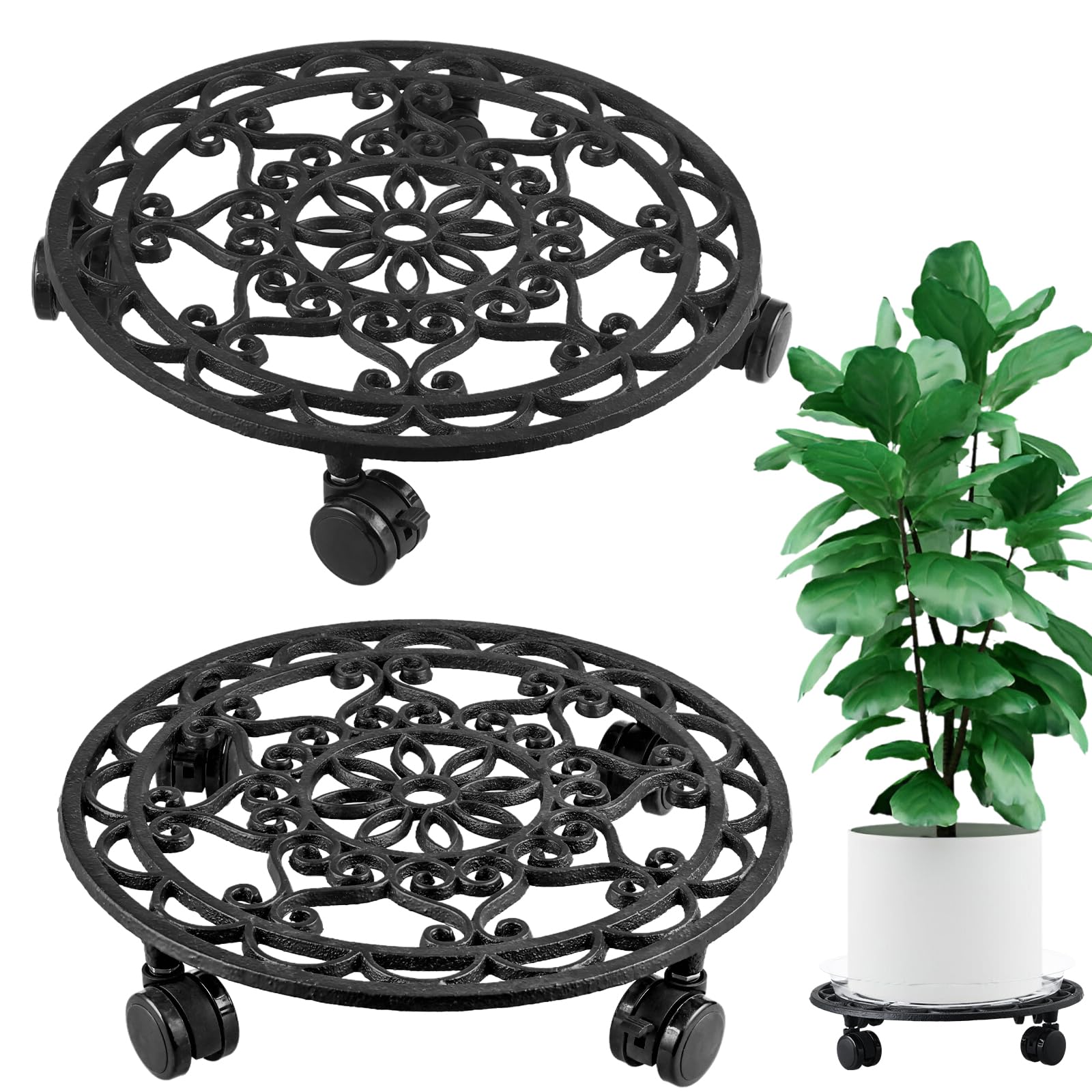 Photo 1 of 2 Packs Rolling Plant Stand with Wheels Metal Plant Caddy with Wheels Heavy Duty 13'' Round Plant Stand Indoor Iron Plants Rollers for Plants, Plant Dolly with Plant Saucers