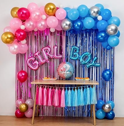 Amazon Com Conjunto De Decoracion Para Fiestas De Revelacion De Genero Nino O Nina Kit De Globos Y Guirnalda De Arco Azul Plateado Rosa Y Dorado Globos De 18 Pulgadas De Aluminio Cortinas