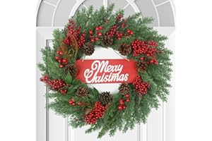 TISEMENT Christmas Wreaths for Front Door,20 inch Winter Wreaths for Indoor and Outdoor Christmas Decorations,Christmas Door Wreath with Pine Cones and Leaves,Berries,Wood Sign for Christmas Decor