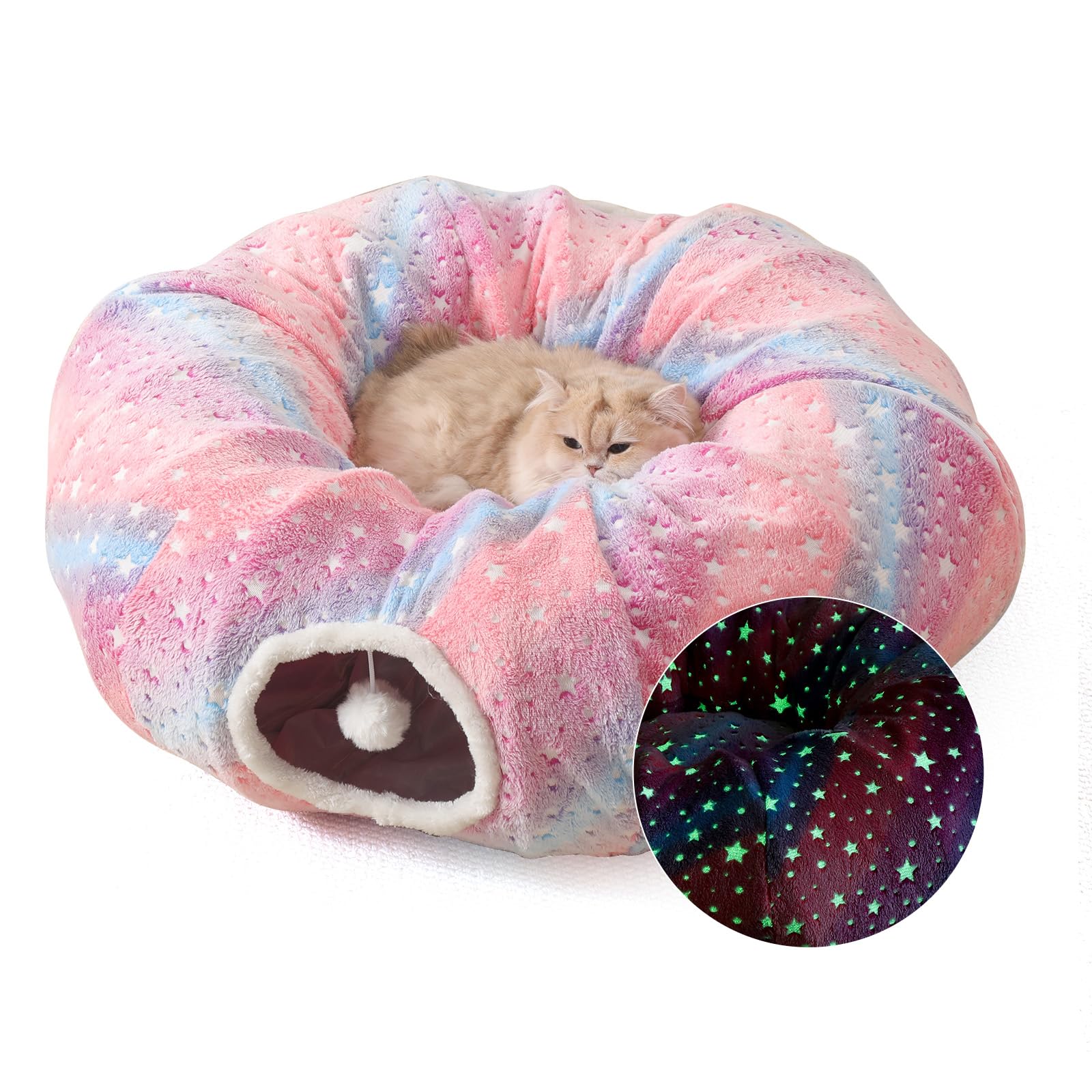 Photo 1 of AMYLALA Large Cat Tunnels Bed Tube for Indoor Cats Glows in The Dark Cat Tunnel with Cushion and Plush Ball Toy Longer Playground Toys for Dog Puppy Kitten Rabbit Bunnies Ferret Pet Rainbow