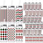 Skylety 30 Pcs Christmas Plastic Cups with Lids and Straws 13.5 oz Red and Green Striped Reusable Plastic Tumbler Christmas Party Decor for Xmas Women Birthday Party Supplies