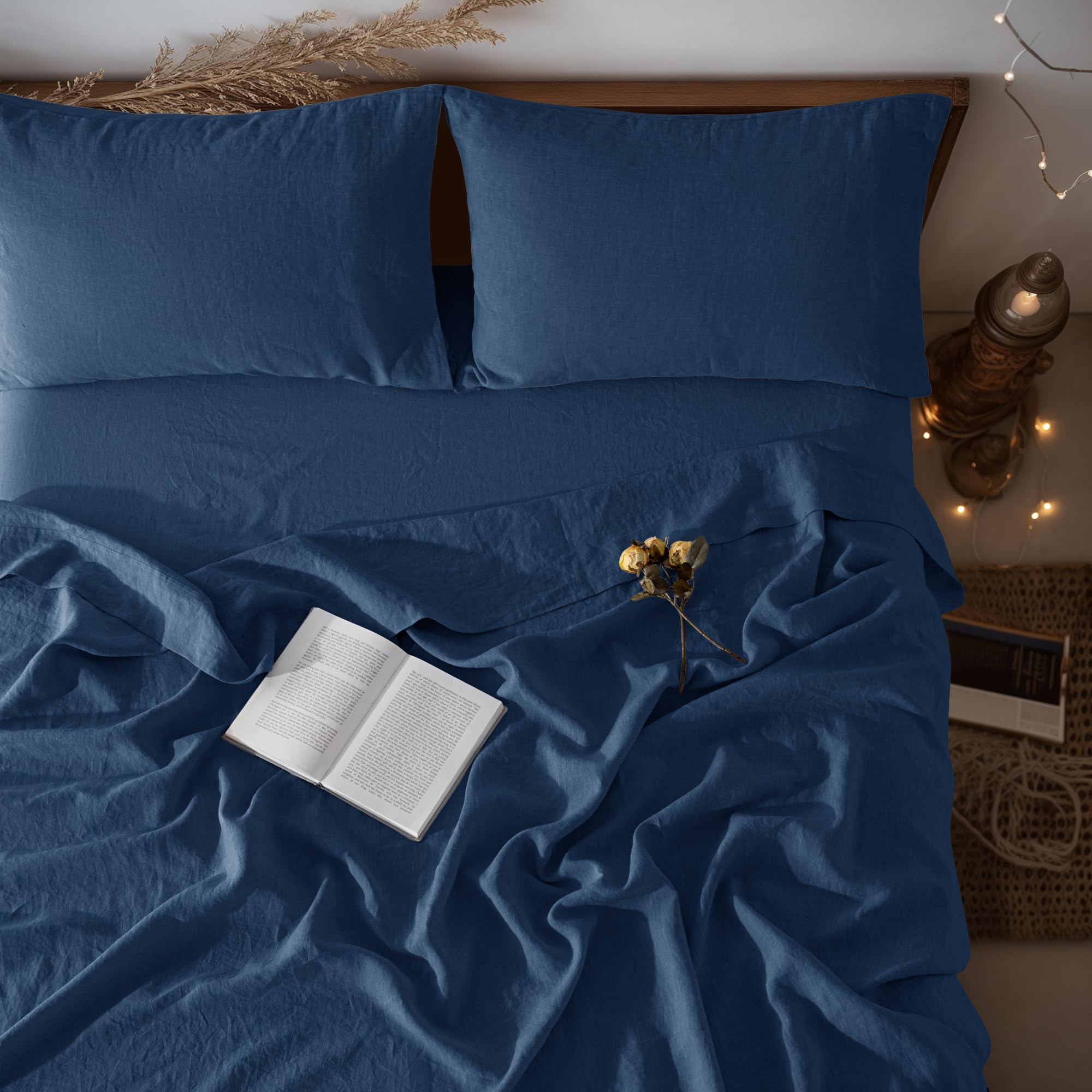 Photo 1 of LBRO2M 100% Linen Sheet Set 16" Deep Pocket King Size,Bed Sheets 4 Piece Sets,Solid Color Natural Flax Bed Sheets Soft Breathable Bedding, All Season (King, Navy Blue)