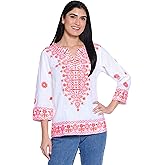 john mark Women's Embroidered Tunic with Split Neck and Three Quarters Sleeves