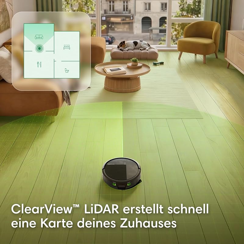 Roomba® 115 Combo Saug- und Wischroboter + AutoEmpty™ Dock, 15k Pa Saugleistung, Bürsten und Wischpad reichen, Navigation mit Clearview™ LiDAR, Schwarz