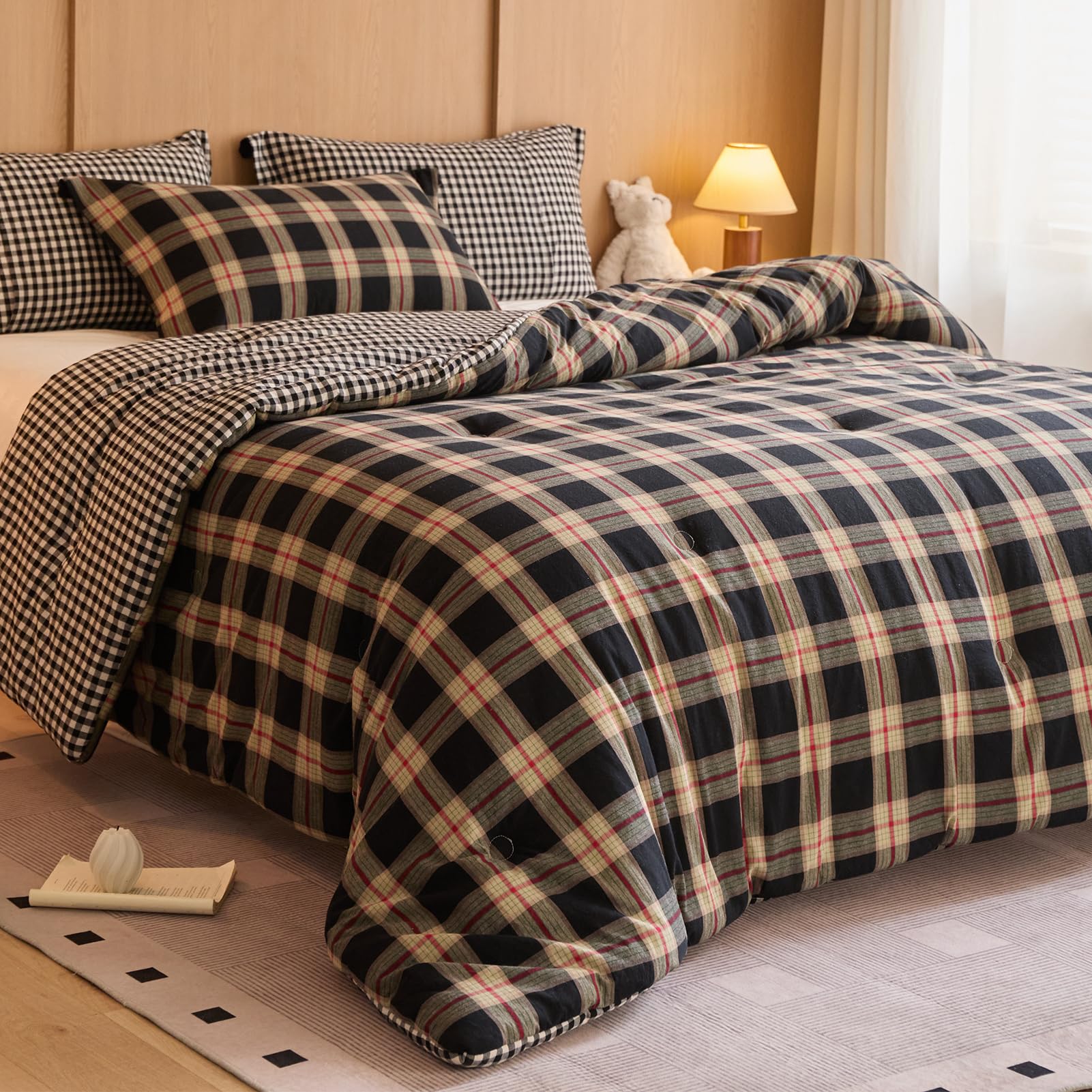 Photo 1 of hadamick 100% Cotton Comforter Set Queen Size – Reversible Yarn-Dyed Checkered Design, Soft Washed Cotton on Both Sides, Lightweight All-Season Bedding, Machine Washable(Black Red Plaid, 90”x90”)