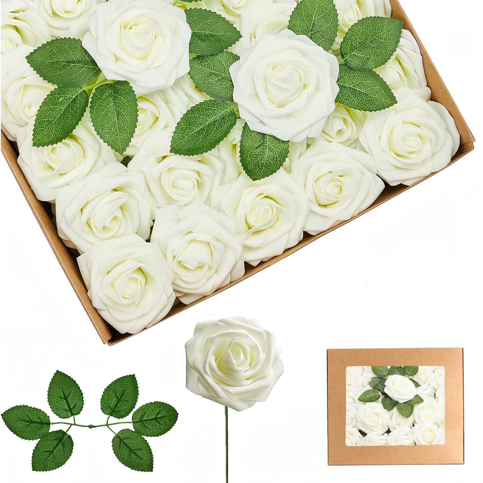 25Pcs Cream Artificial Roses, Real Touch Foam Roses with Stems, 4 Leaves, Artificial Flowers for Wedding, Bridal Bouquets, Cake, Grave Stone, Table Centerpieces, Baby Shower, Funeral Decoration