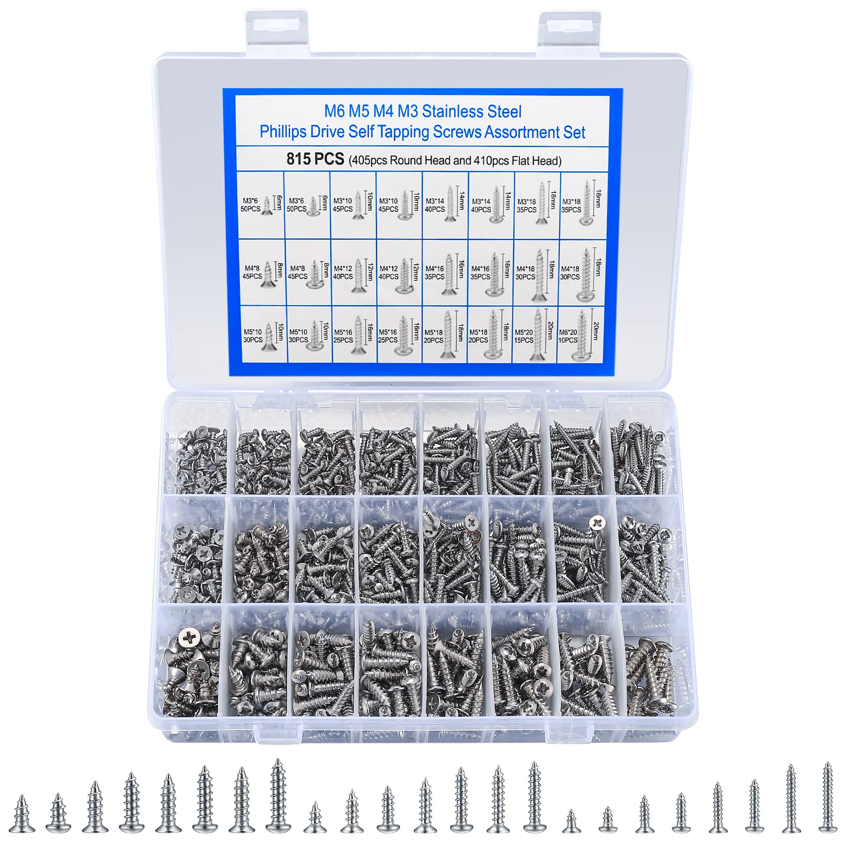 815 Pcs M3 M4 M5 Self-Tapping Wood Screw Assortment Set, Metric Stainless Steel, Cross Recessed Drilling Screws, Flat Heads & Self-Drilling Screws for Sheet Metal (815 silver)