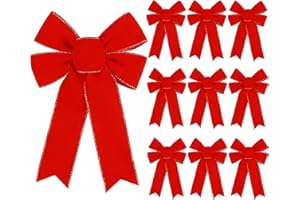 Hongsome 10 Pack Red Bows Christmas Tree Decorations,9”x13”Large Velvet Ornament Bow with Glitter Gold Edge for Xmas Home Wreath Fence Stairs Railing Fireplace Indoor Outdoor Front Door Decor
