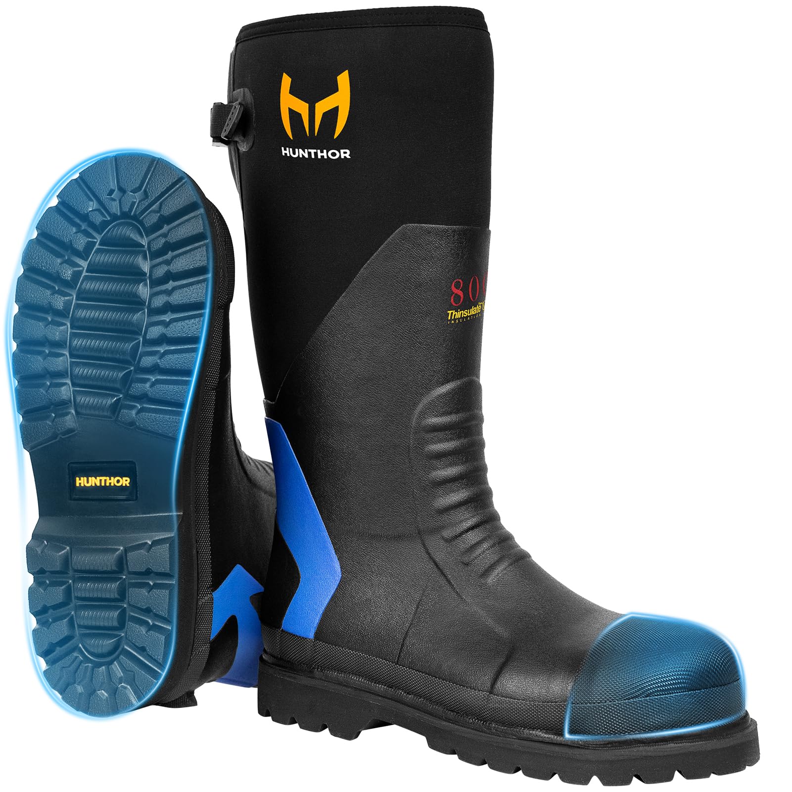 Photo 1 of Rubber Work Boots with 800g Insulation, Puncture-Proof Steel Toe and Shank, Lightweight EVA Outsole, Waterproof Insulated Neoprene Hunting Boots for Farming and Construction (Blue, Size 7)