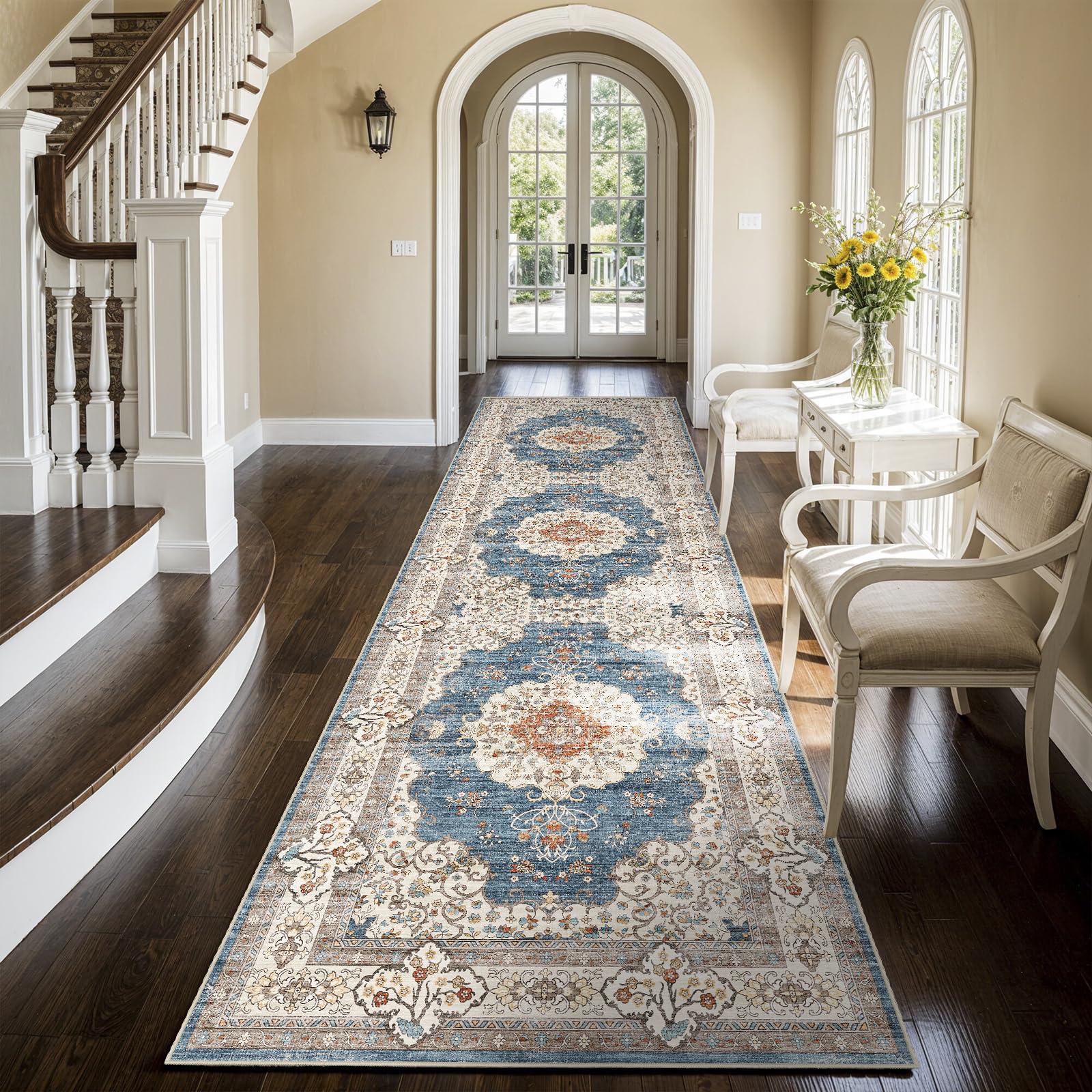 3x10 Washable Hallway Runner Rug:Oriental Indoor Kitchen Rugs Vintage Door Mat Non Slip with Rubber Backing Low Pile Thin Carpet for Bedroom Bathroom Living Room Bedside (3x10 Blue/Beige) Image