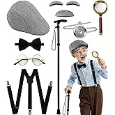 100 Days of School Old Man Costume Set, Grandpa Accessories: Beret, Bow Tie, Suspenders, Glasses, Cane, Beard & Watch