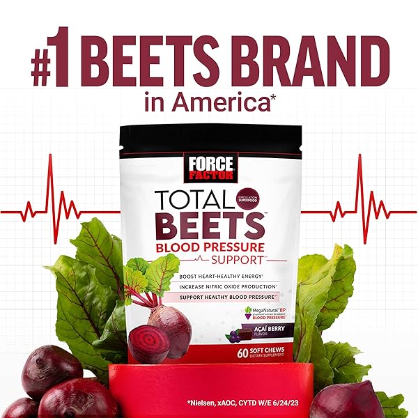 FORCE FACTOR TOTAL BEETS BLOOD PRESSURE SUPPORT SUPPLEMENTS WITH BEET POWDER, GREAT-TASTING BEETS CHEWABLES FOR HEART-HEALTHY ENERGY, AND INCREASED NITRIC OXIDE, 60 CHEWS