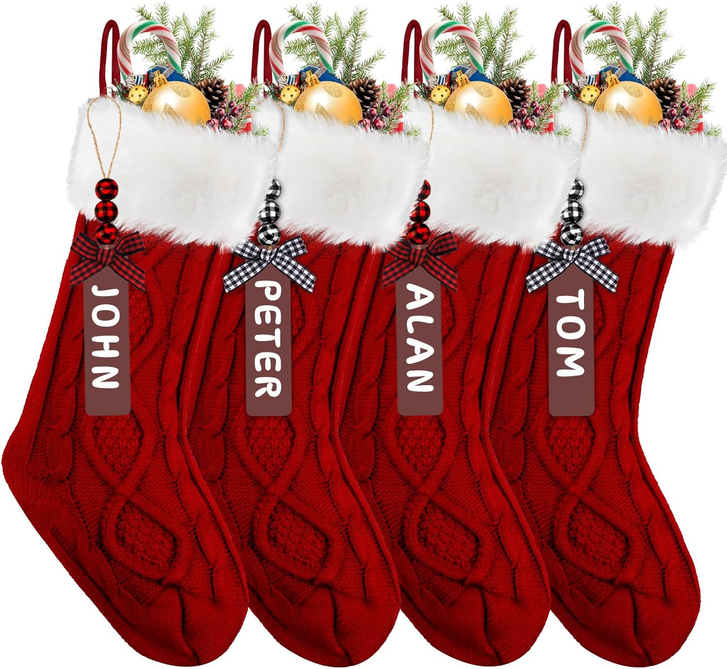 Stockings & Holders - XIMISHOP 4PACK Christmas Stockings,18Inches Large Red Cable Knitted Stocking Personalized Xmas Hanging Stocking Decorations with Name Tags for Holiday Christmas Party Family Decor