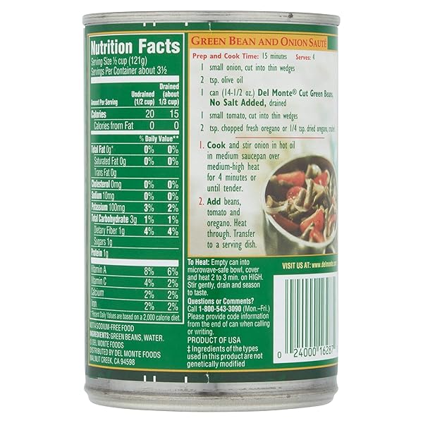 DEL MONTE CUT GREEN BEANS NO SALT ADDED, 14.5-OUNCE (PACK OF 8)