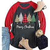 Plus Size Christmas T Shirt Women Xmas Leopard Plaid Trees Print Tees Casual Long Sleeve Holiday Shirts Top