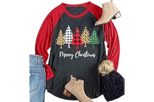 YI XIANG RAN Plus Size Christmas T Shirt Women Xmas Leopard Plaid Trees Print Tees Casual Long Sleeve Holiday Shirts Top