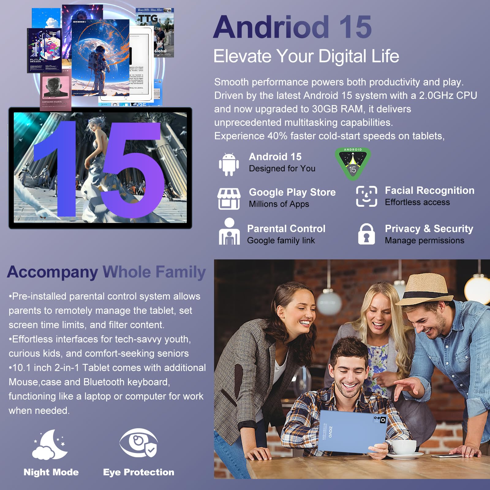 2025 Android 15 Tablet with Keyboard | Gemini AI, 30GB+128GB Octa-Core Electronics Tablets w/ 10 Inch IPS HD Display, 8000mAh, 5G WiFi, 1TB Expand, Mouse+Case, BT 5.0, Widevine L1, Metal Body -Blue