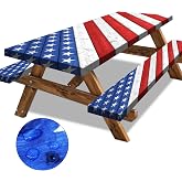 Picnic Table Cover with Bench Covers American Flag Camping Essentials Waterproof Tablecloth Wood Texture Outdoor Picnic Fitted Tablecloth with Elastic Rectangle 6 ft Table Cover (3pcs-72" x 30")
