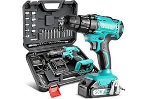 COMOWARE 20V Cordless Drill, Electric Power Drill Set with 1 Battery & Charger, 3/8” Keyless Chuck, 2 Variable Speed, 266 In-lb Torque, 25+1 Position and 34pcs Drill/Driver Bits