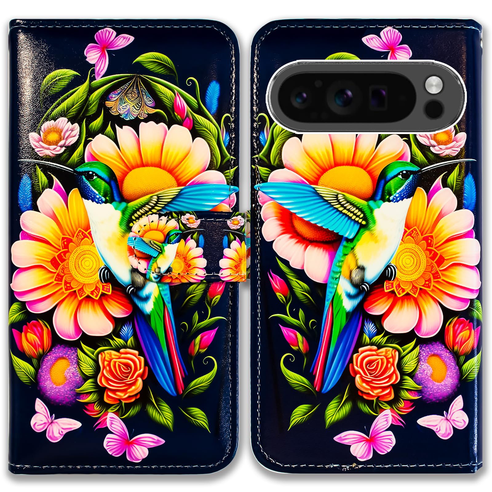 Bcov Case For Pixel 9 Pro,Hummingbird Butterfly Flowers Leather Flip Phone Case Wallet Cover with Card Slot Holder Kickstand Case For Google Pixel 9 Pro